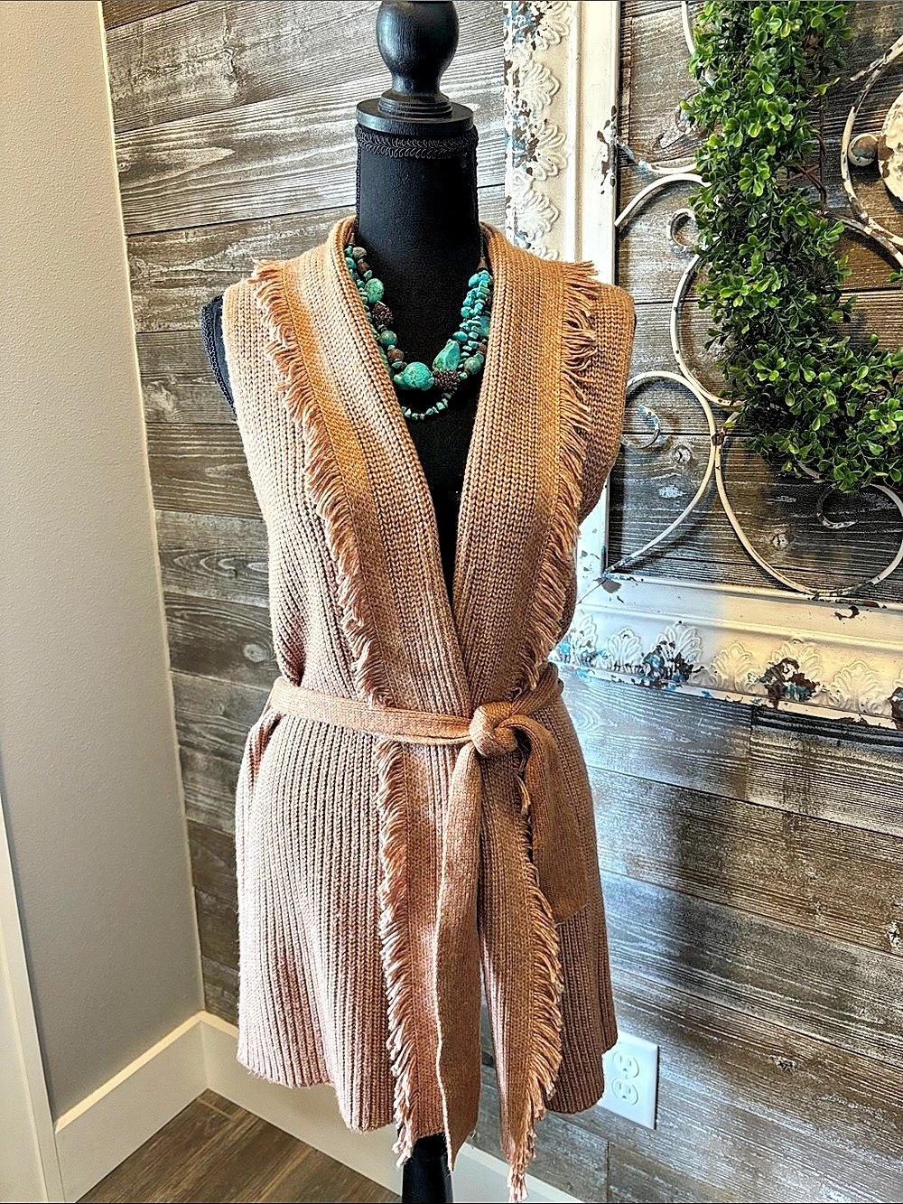 Tahari (Size Large) Tan Boho Fringed Knit Vest